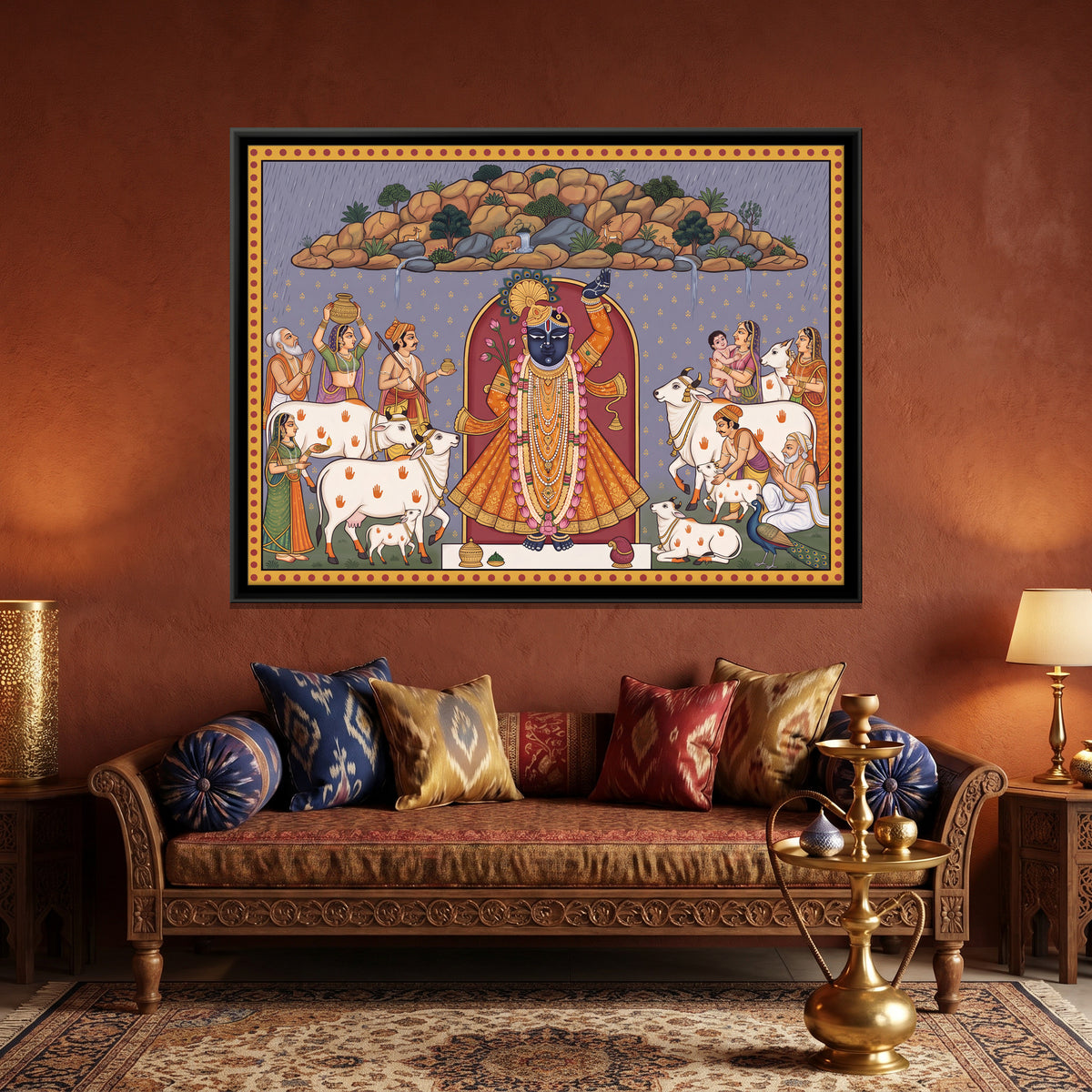 Shrinathji Lifting Govardhan Hill - canvas art shown in a second room setting