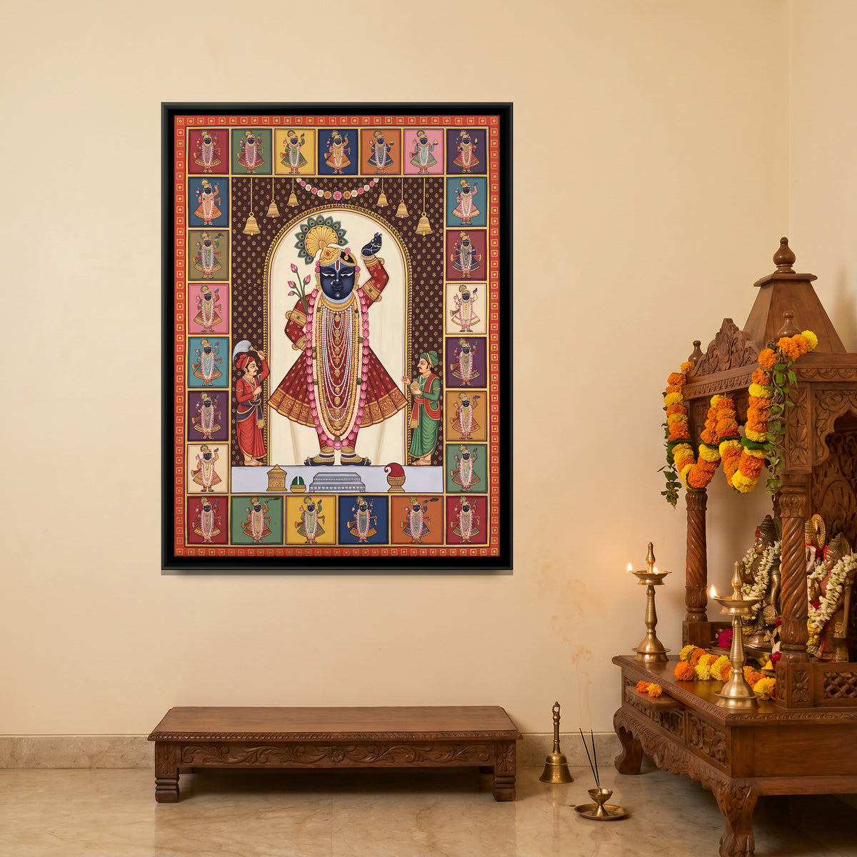 Shrinathji and His Many Forms - canvas art shown in a styled room