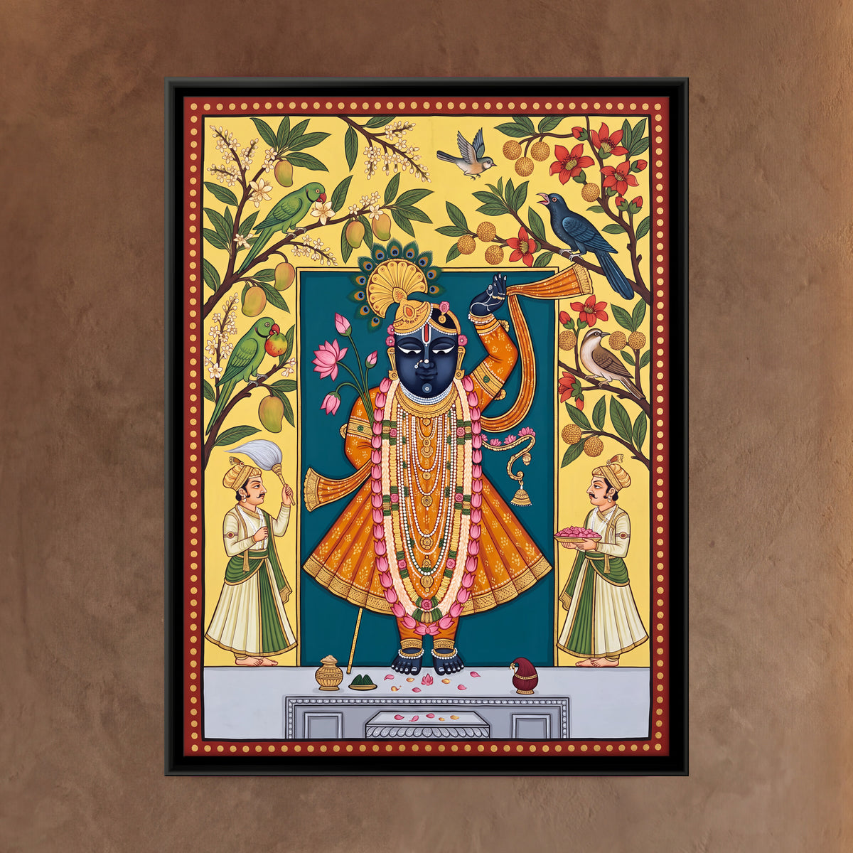 Shrinathji in Spring - framed canvas art hung on a wall