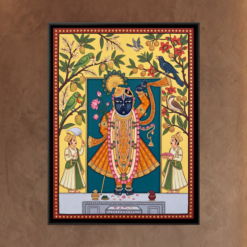 Shrinathji in Spring - framed canvas art hung on a wall