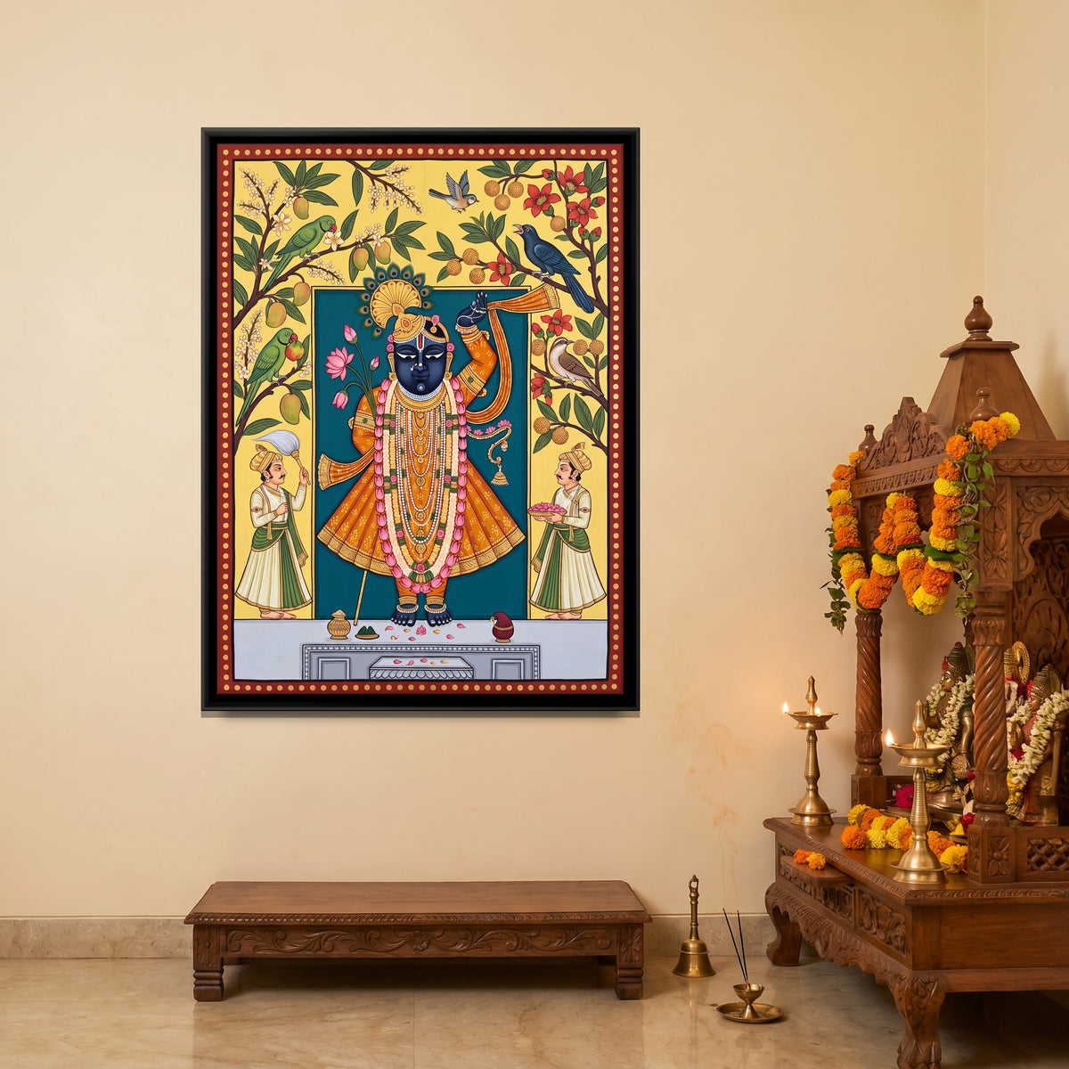 Shrinathji in Spring - canvas art shown in a styled room