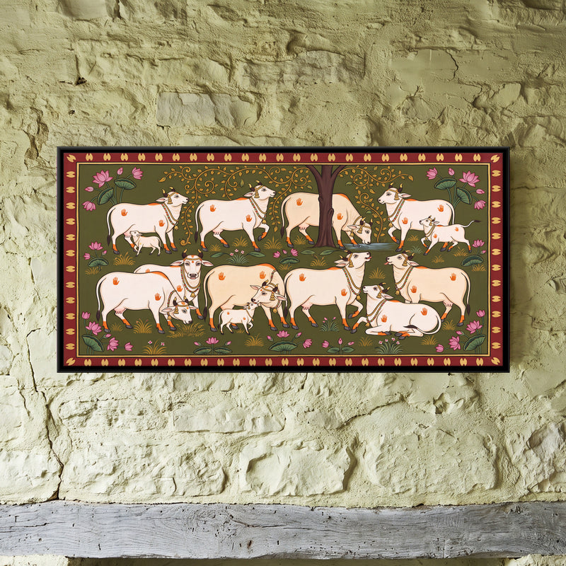 Cows and Calves Beneath a Tree - framed canvas art hung on a wall