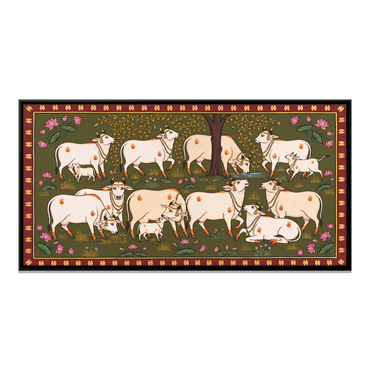 Cows and Calves Beneath a Tree - framed canvas print, front view