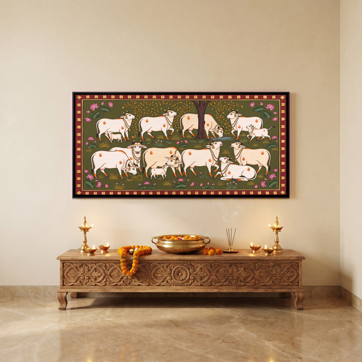 Cows and Calves Beneath a Tree - canvas art shown in a styled room