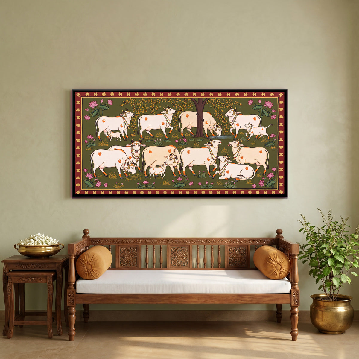Cows and Calves Beneath a Tree - canvas art shown in a second room setting