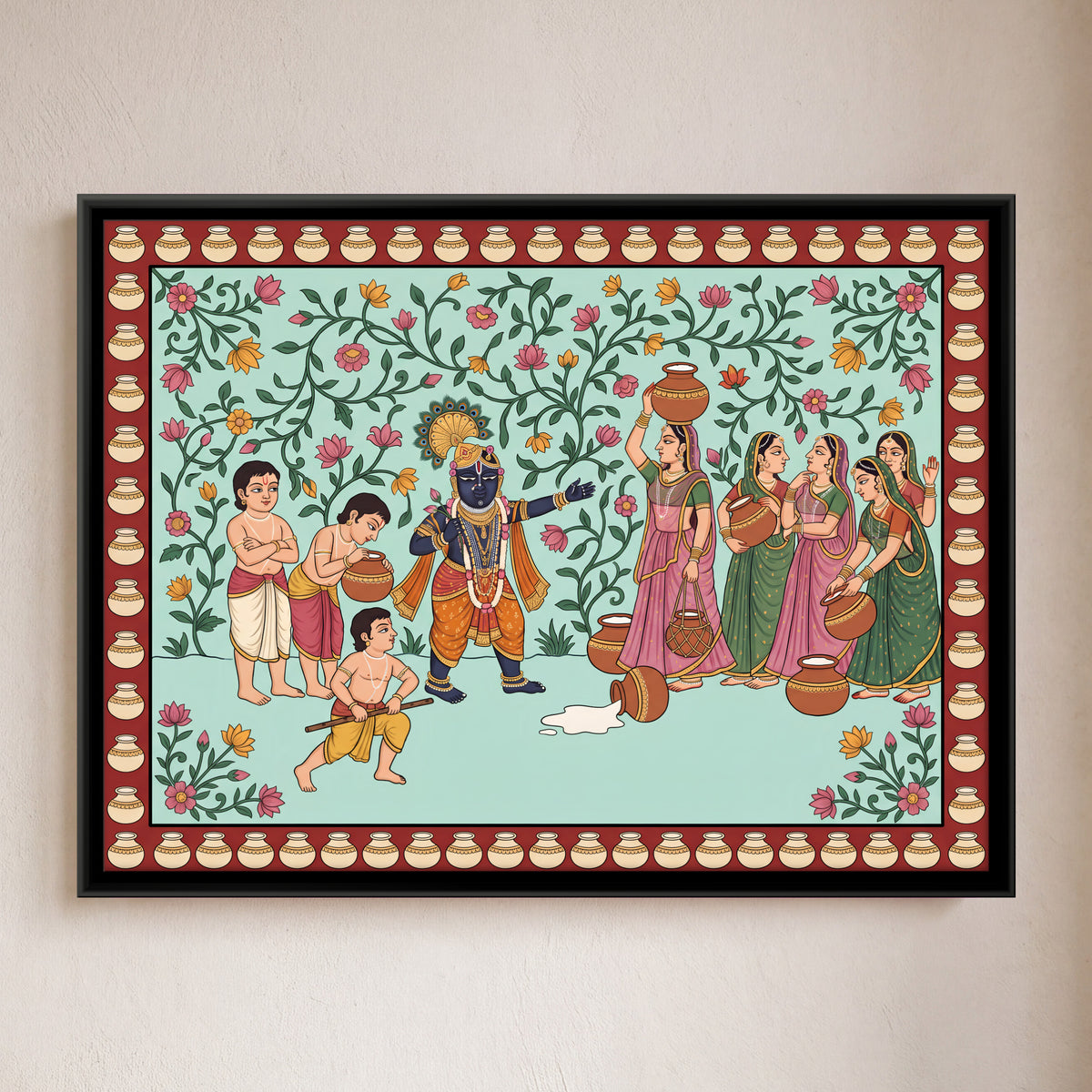 Krishna and Gopis with Milk Pots - framed canvas art hung on a wall