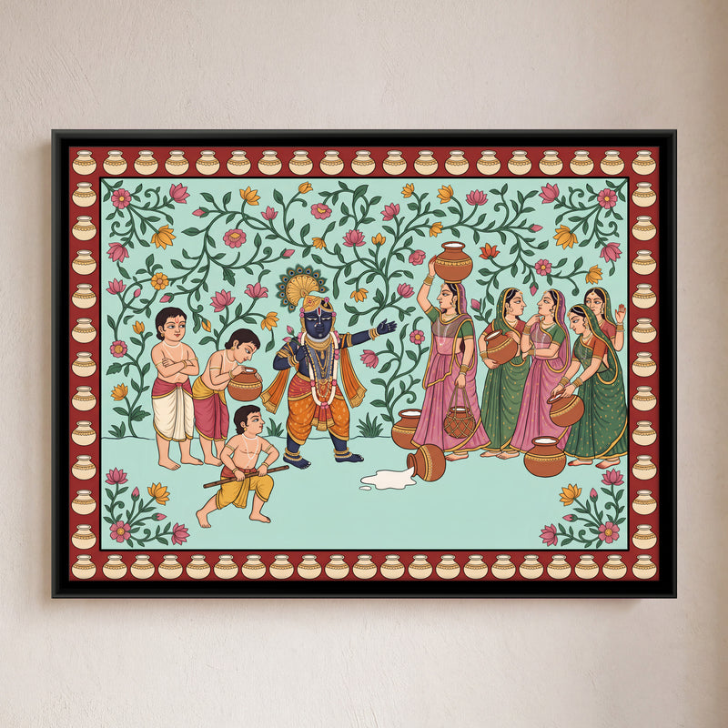 Krishna and Gopis with Milk Pots - framed canvas art hung on a wall