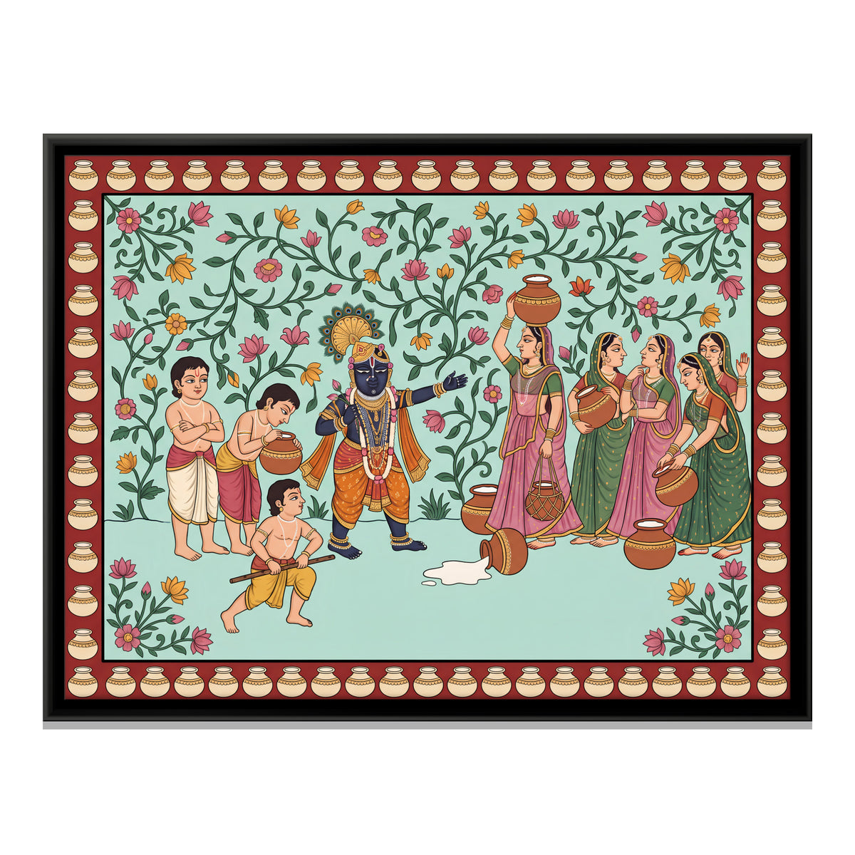 Krishna and Gopis with Milk Pots - framed canvas print, front view