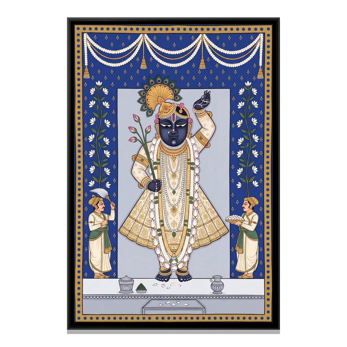 Shrinathji in White Robes - framed canvas print, front view