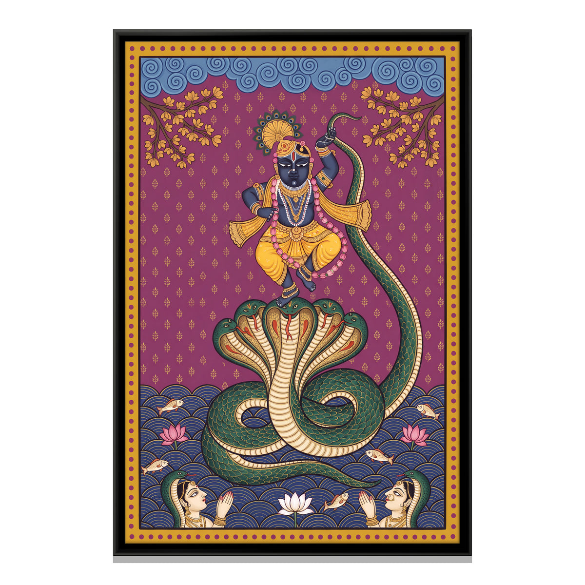 Krishna Dancing on the Serpent - framed canvas print, front view