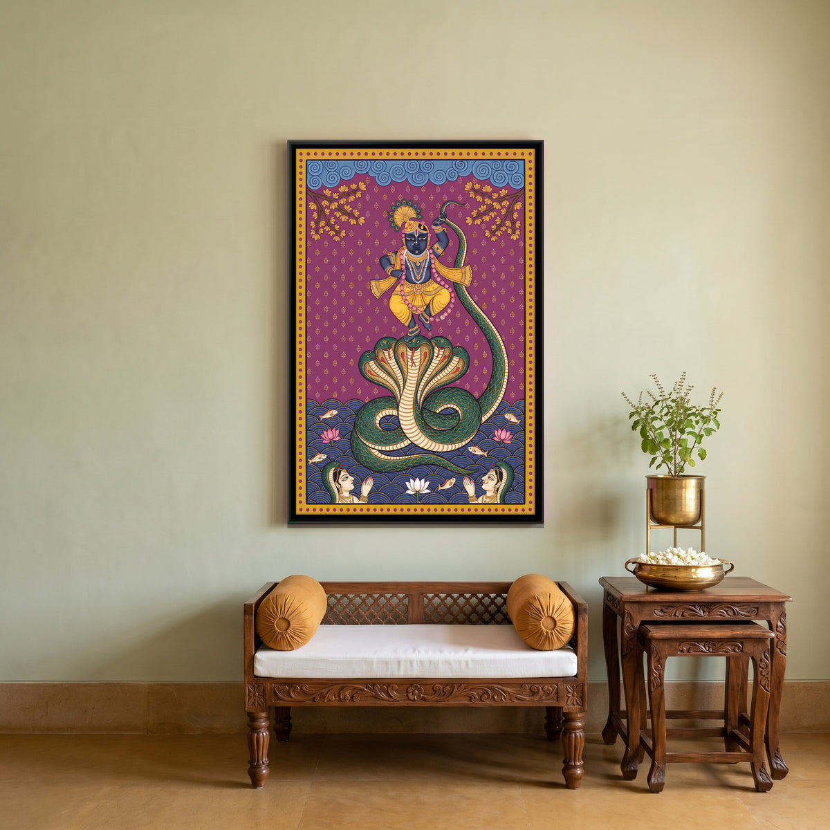 Krishna Dancing on the Serpent - canvas art shown in a styled room