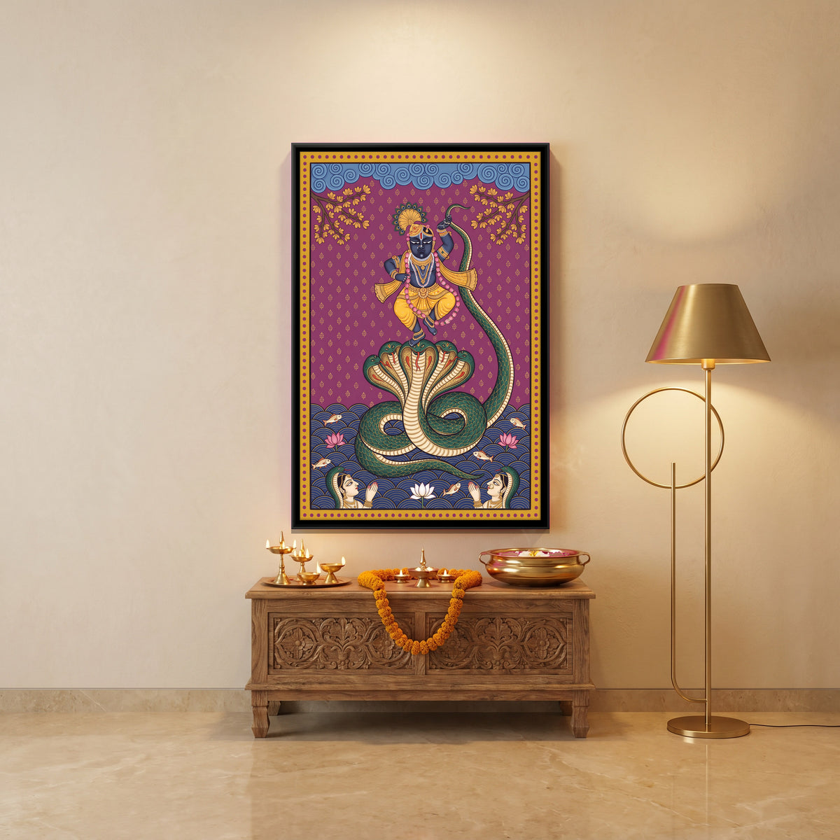 Krishna Dancing on the Serpent - canvas art shown in a second room setting