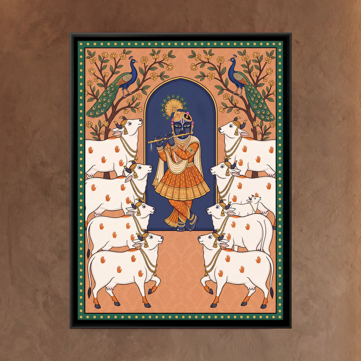 Krishna Playing the Flute Among Cows - framed canvas art hung on a wall