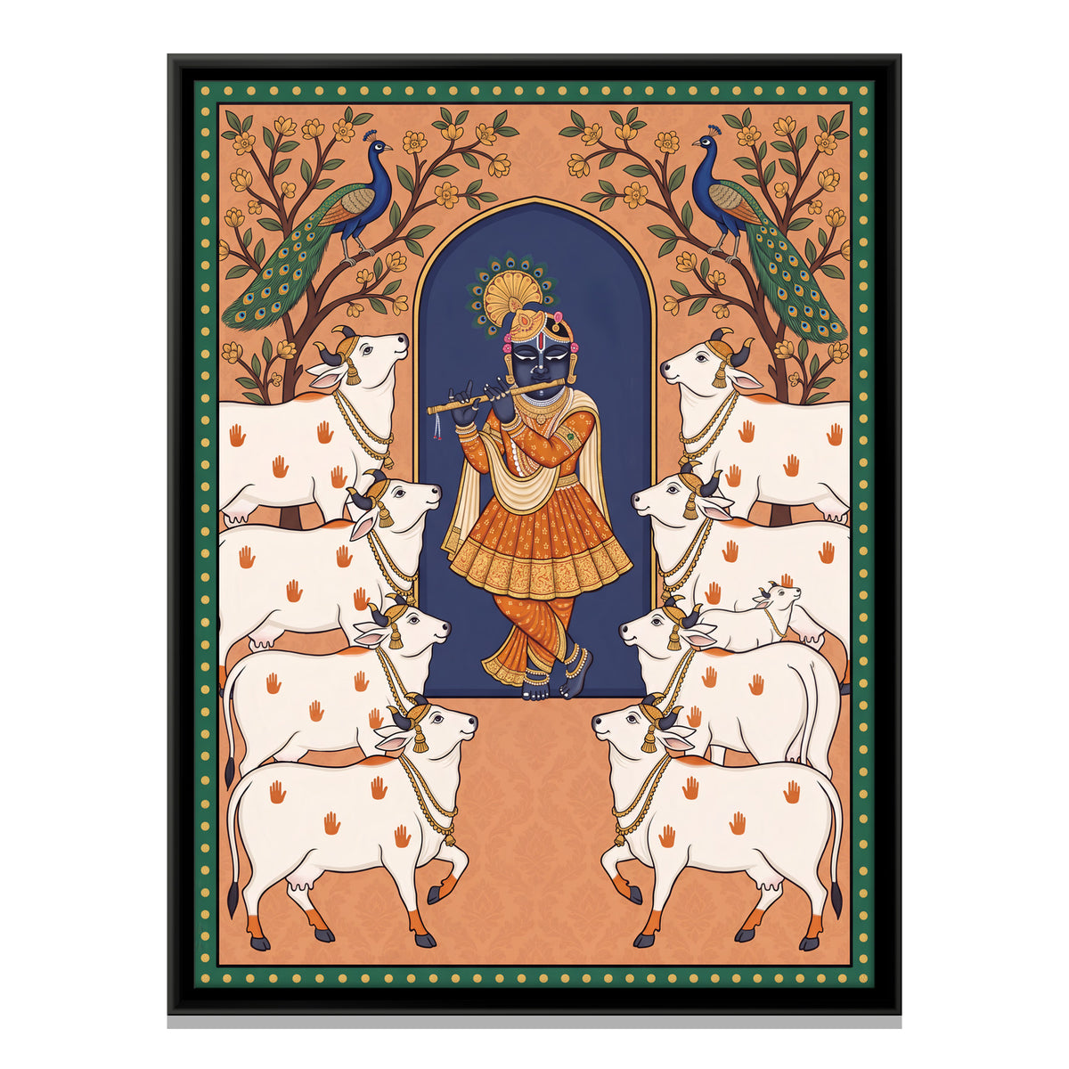 Krishna Playing the Flute Among Cows - framed canvas print, front view
