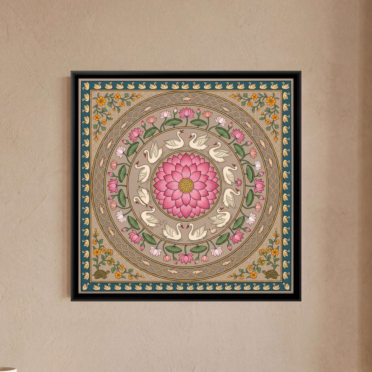 Lotus Mandala with Swans - framed canvas art hung on a wall