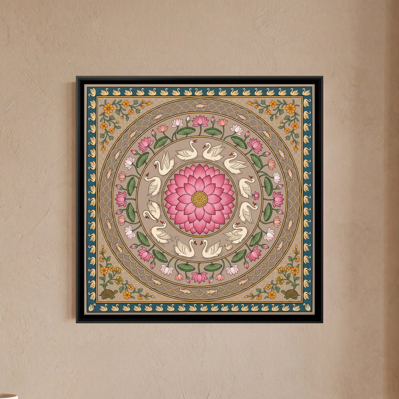 Lotus Mandala with Swans - framed canvas art hung on a wall