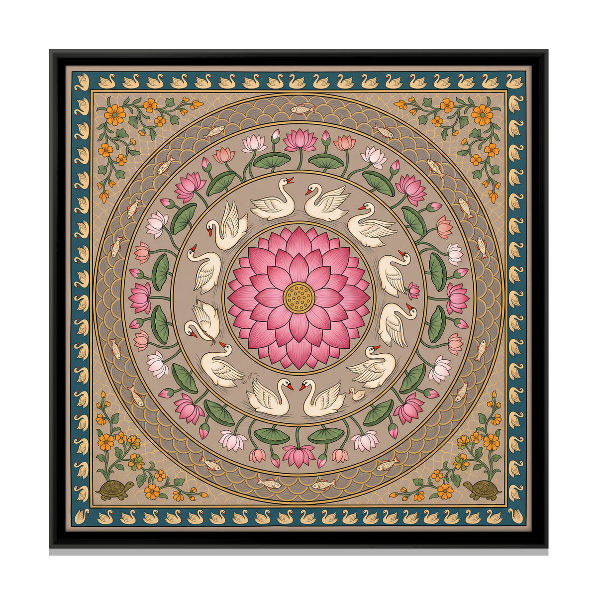 Lotus Mandala with Swans - framed canvas print, front view