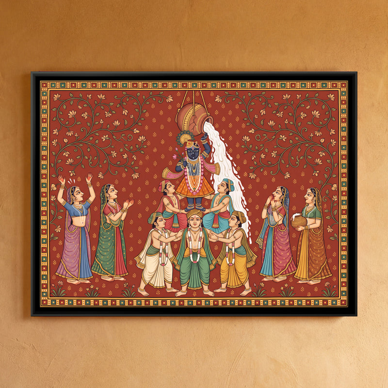 Krishna at Dahi Handi - framed canvas art hung on a wall