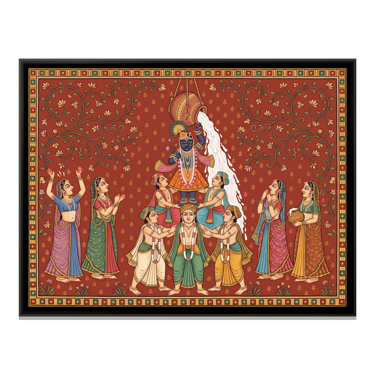 Krishna at Dahi Handi - framed canvas print, front view
