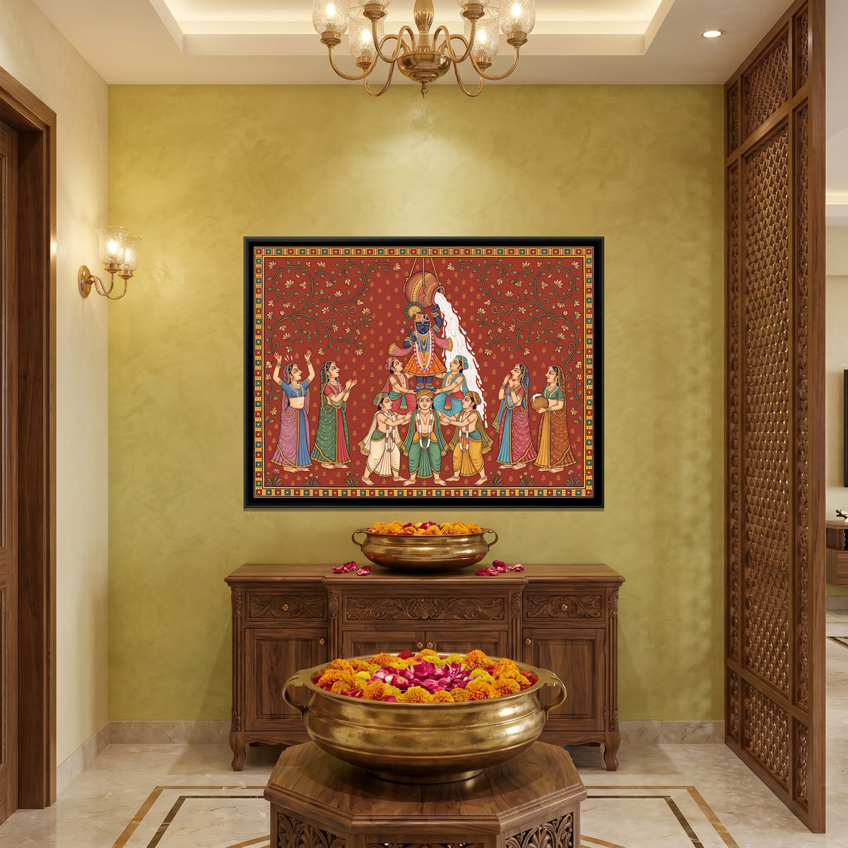 Krishna at Dahi Handi - canvas art shown in a styled room