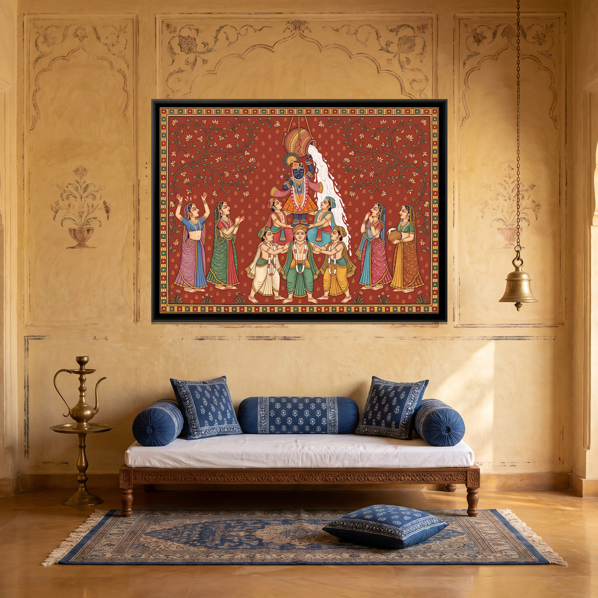 Krishna at Dahi Handi - canvas art shown in a second room setting