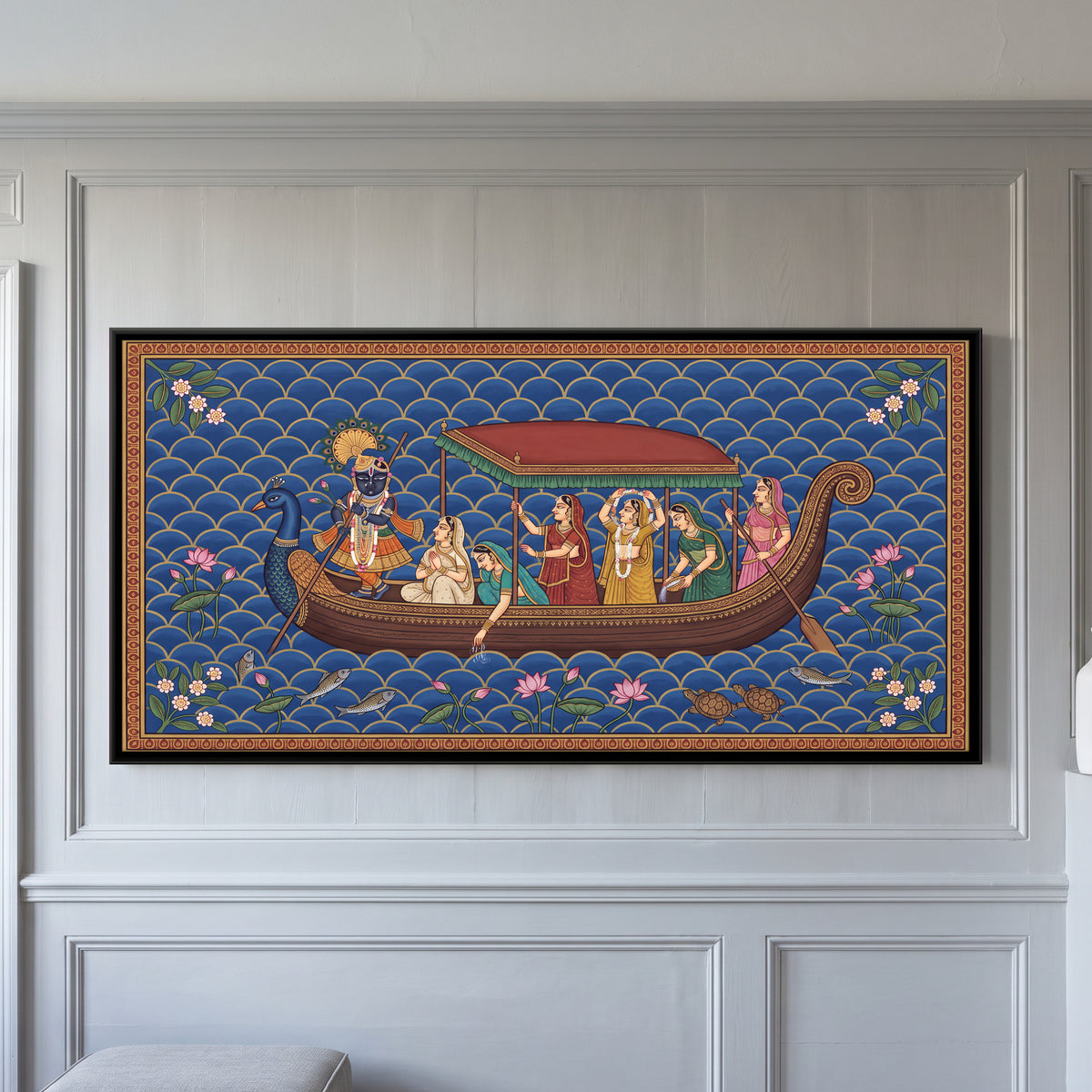 Krishna and Gopis in a Boat - framed canvas art hung on a wall