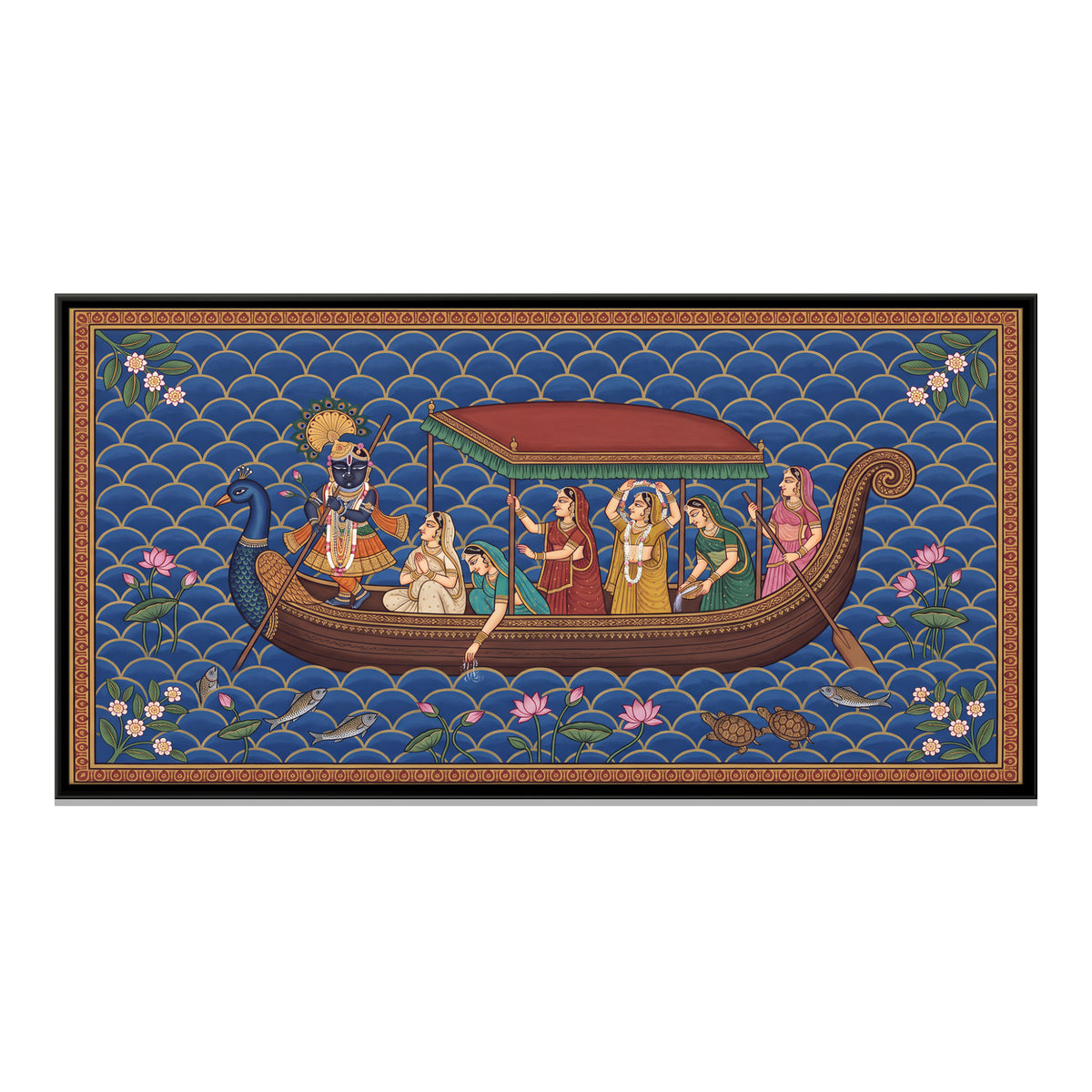 Krishna and Gopis in a Boat - framed canvas print, front view
