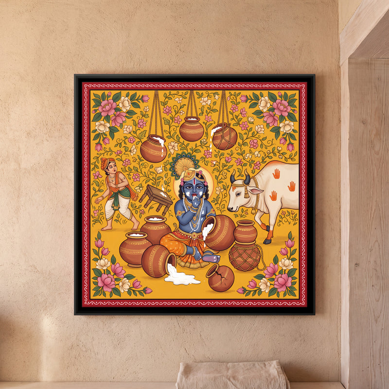 Krishna Stealing Butter - framed canvas art hung on a wall