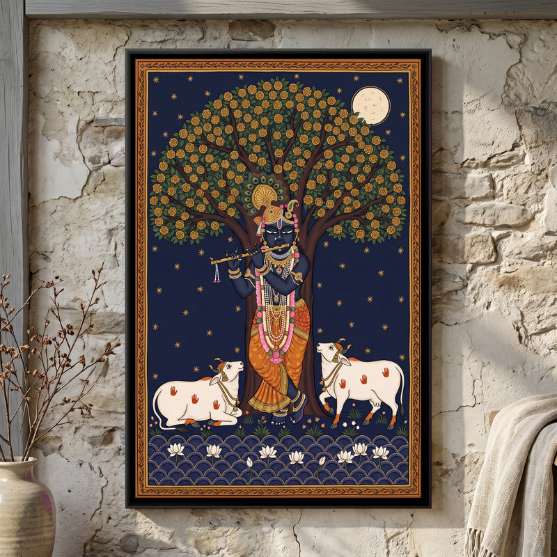 Krishna Playing the Flute by Moonlight - framed canvas art hung on a wall