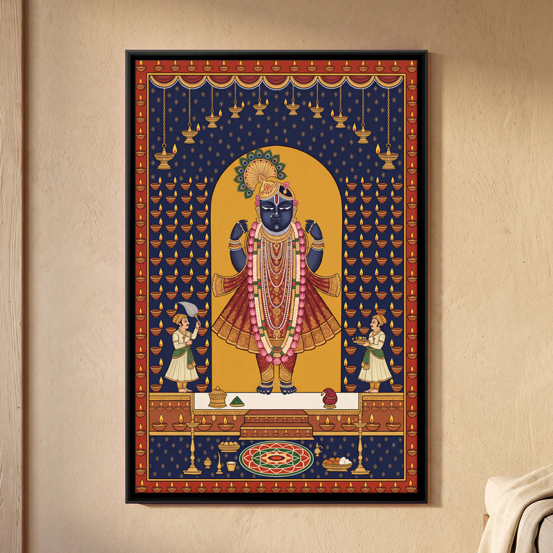 Shrinathji with Festival Lamps - framed canvas art hung on a wall