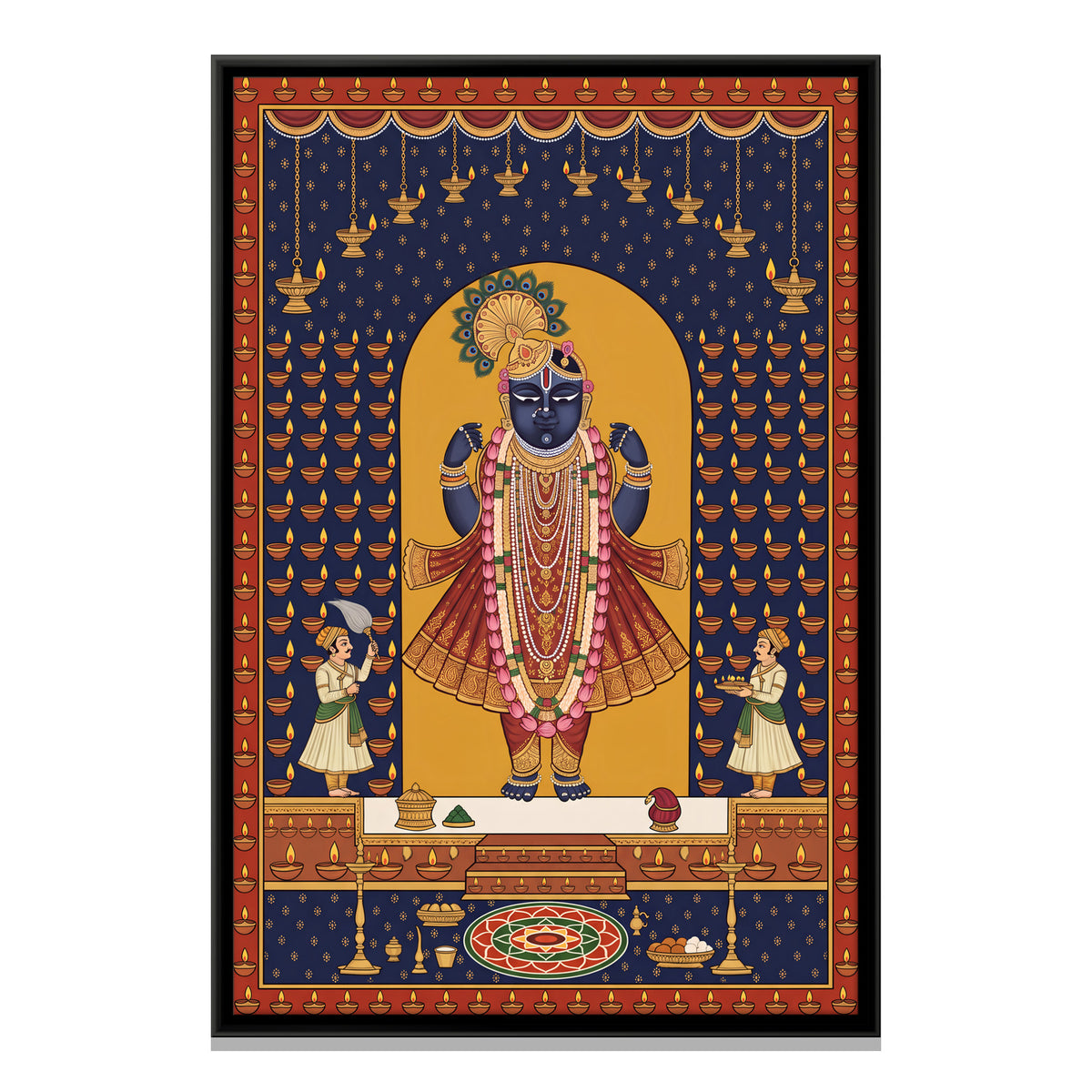 Shrinathji with Festival Lamps - framed canvas print, front view