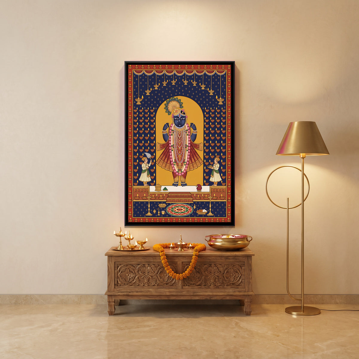 Shrinathji with Festival Lamps - canvas art shown in a styled room