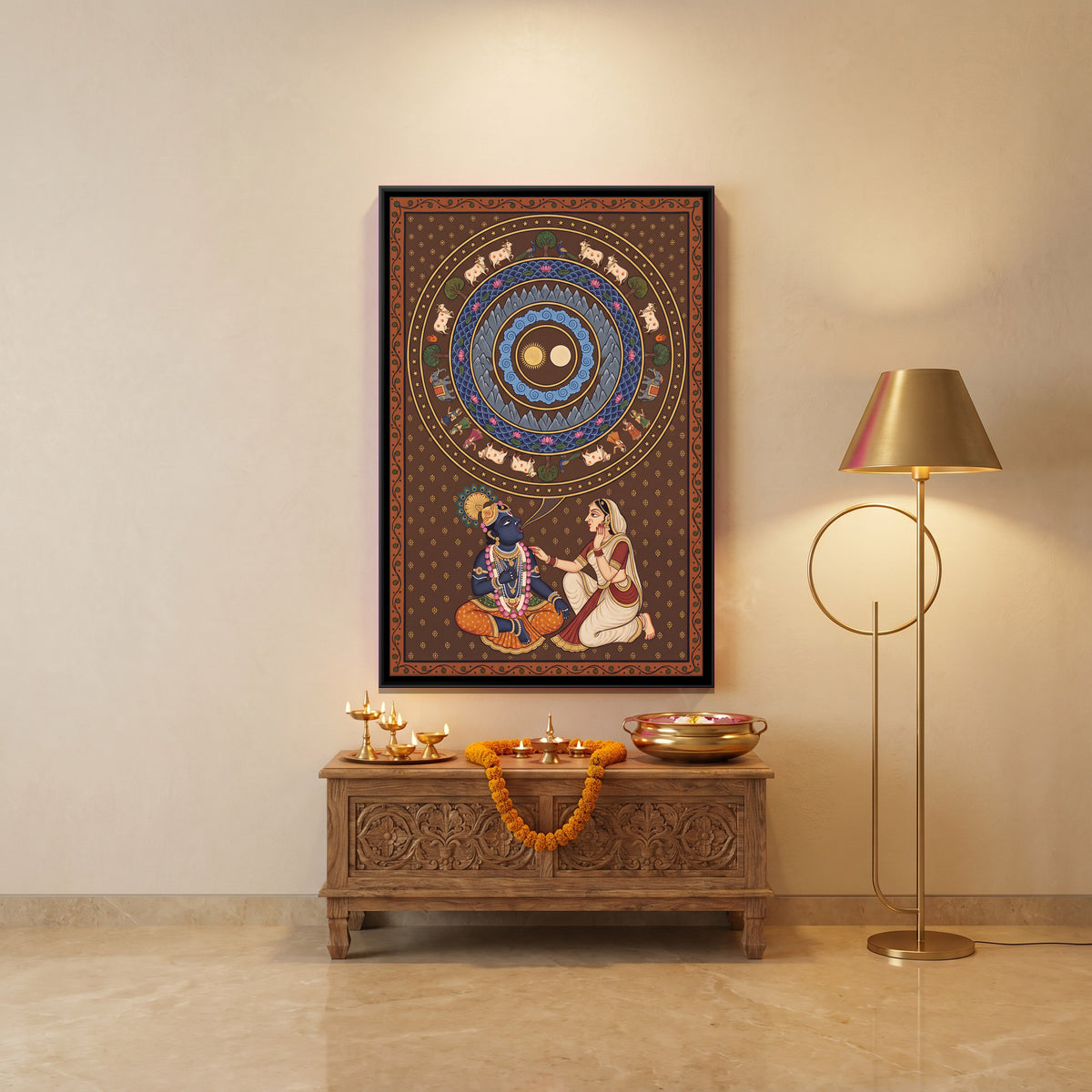 The Universe in Krishna's Mouth - canvas art shown in a styled room
