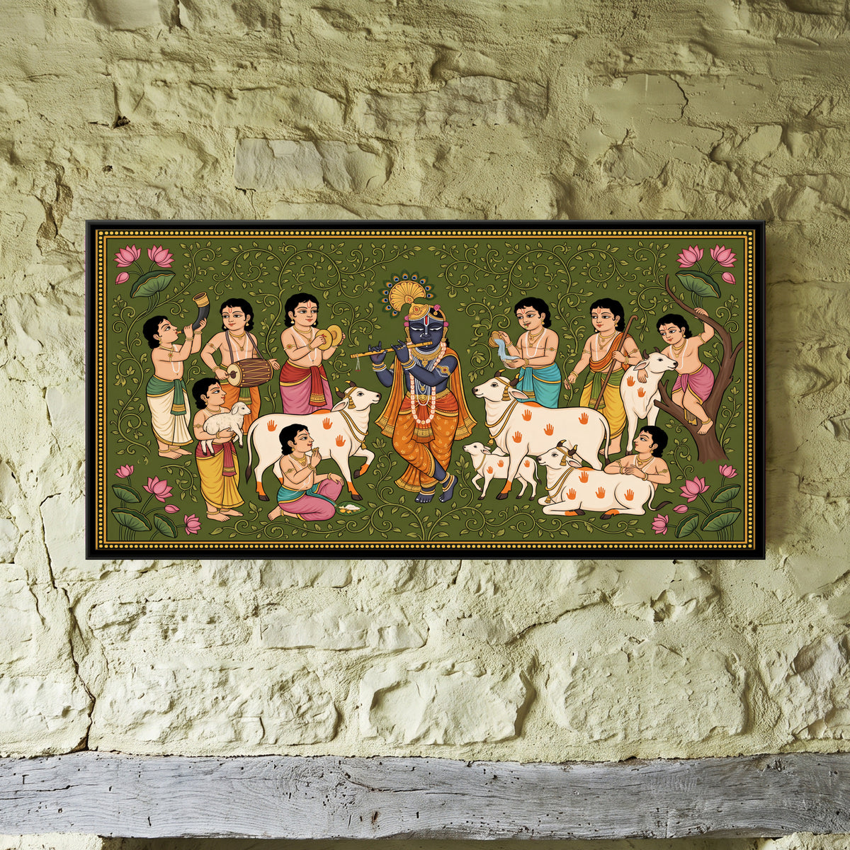 Krishna Making Music with the Cowherds - framed canvas art hung on a wall