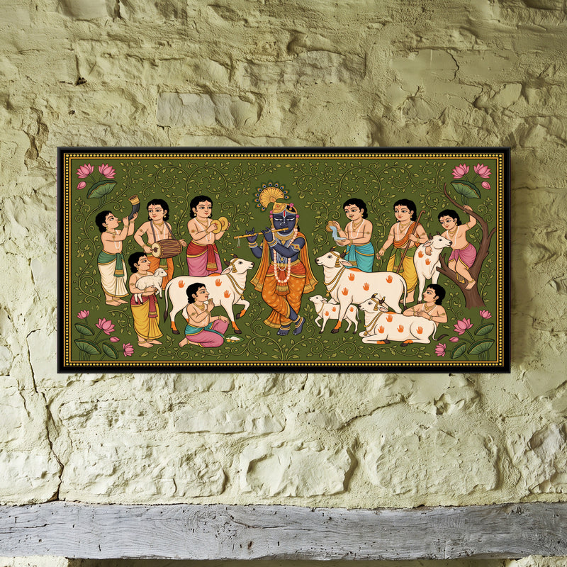 Krishna Making Music with the Cowherds - framed canvas art hung on a wall