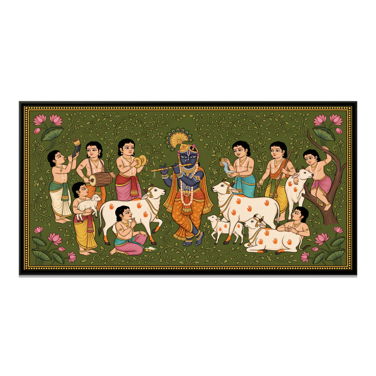 Krishna Making Music with the Cowherds - framed canvas print, front view