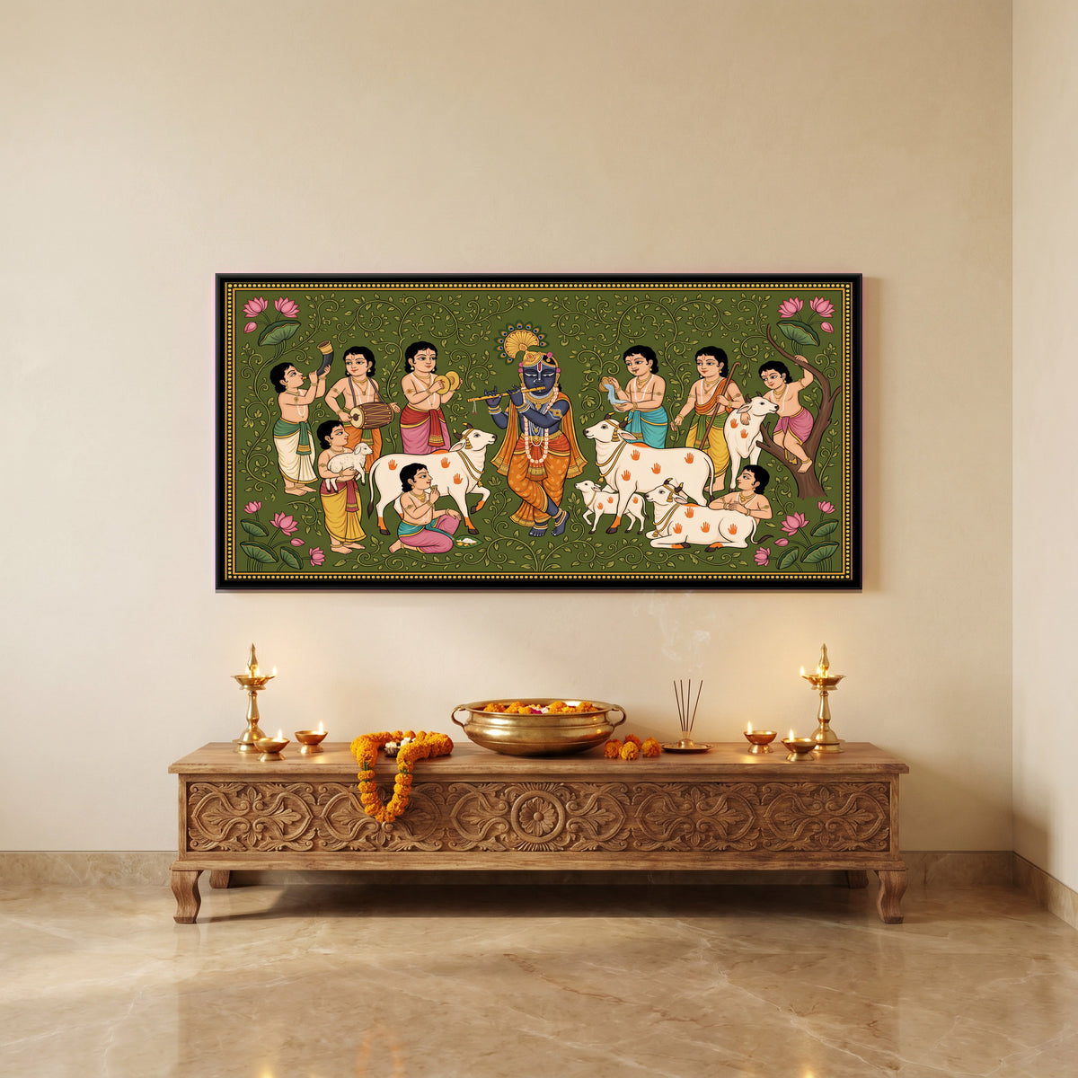 Krishna Making Music with the Cowherds - canvas art shown in a styled room