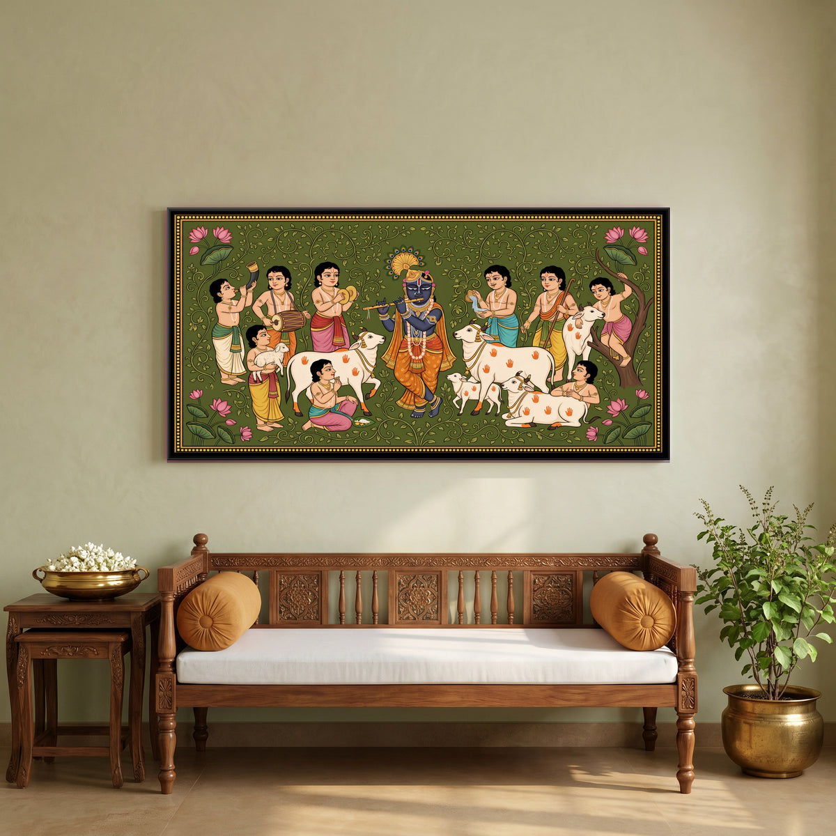 Krishna Making Music with the Cowherds - canvas art shown in a second room setting