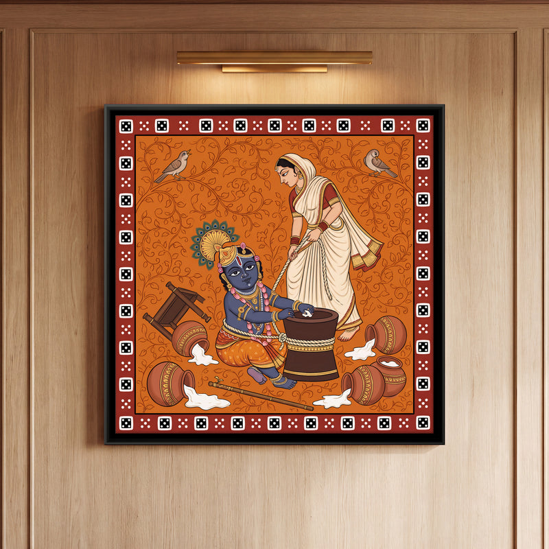 Krishna Tied to the Mortar - framed canvas art hung on a wall