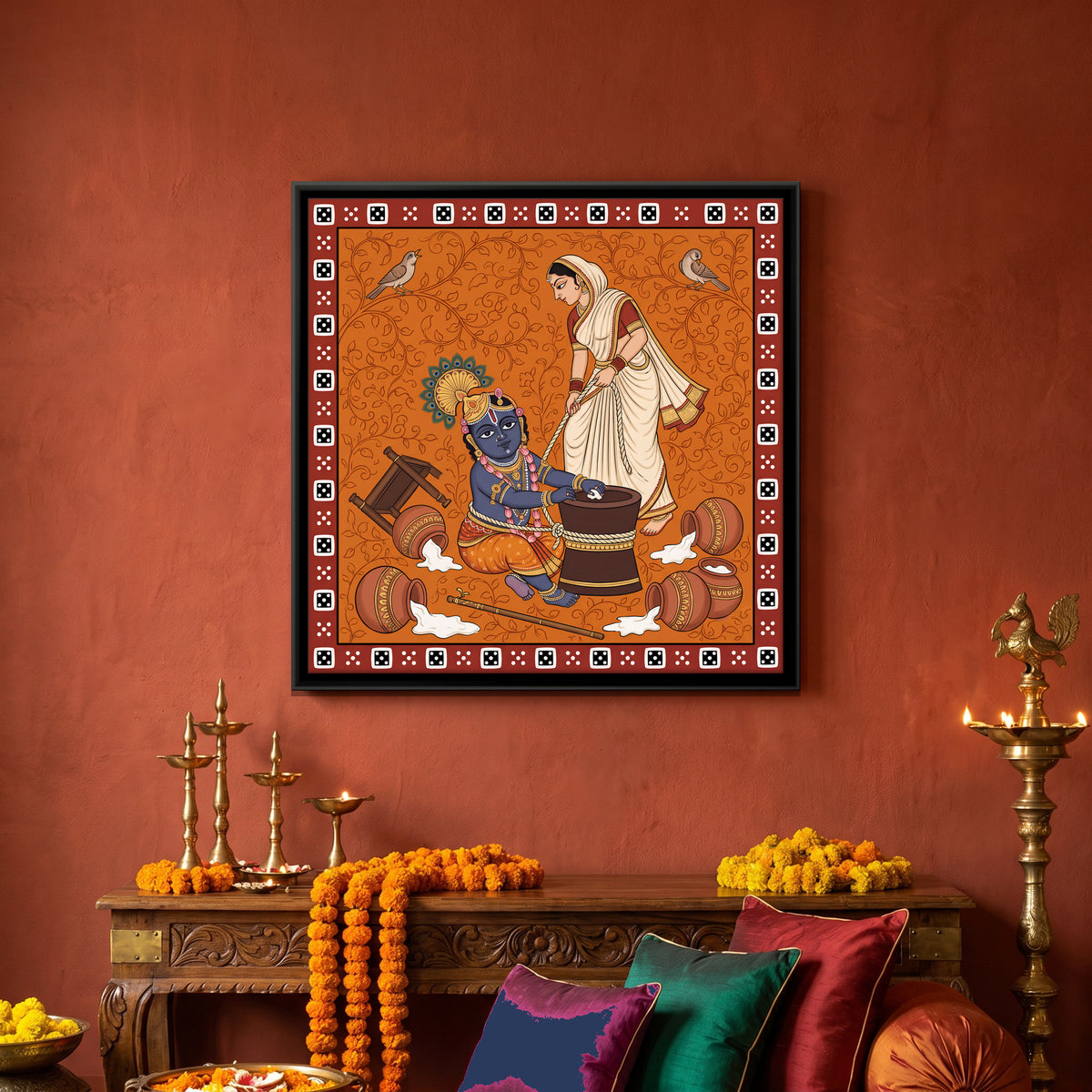 Krishna Tied to the Mortar - canvas art shown in a styled room