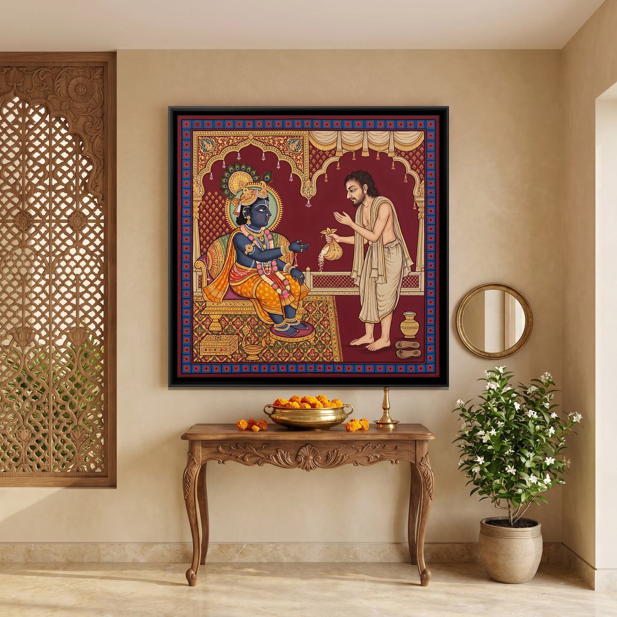 Krishna and Sudama - canvas art shown in a second room setting