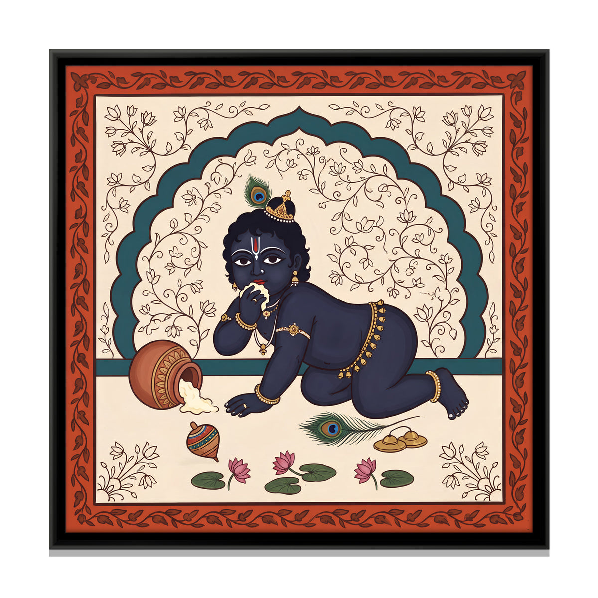 Baby Krishna Eating Butter - framed canvas print, front view