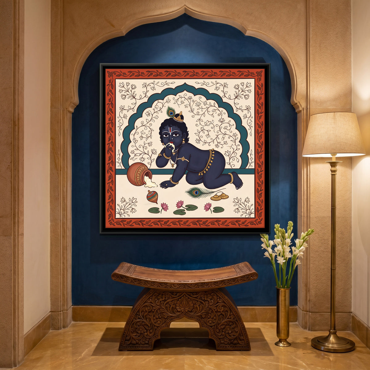 Baby Krishna Eating Butter - canvas art shown in a styled room