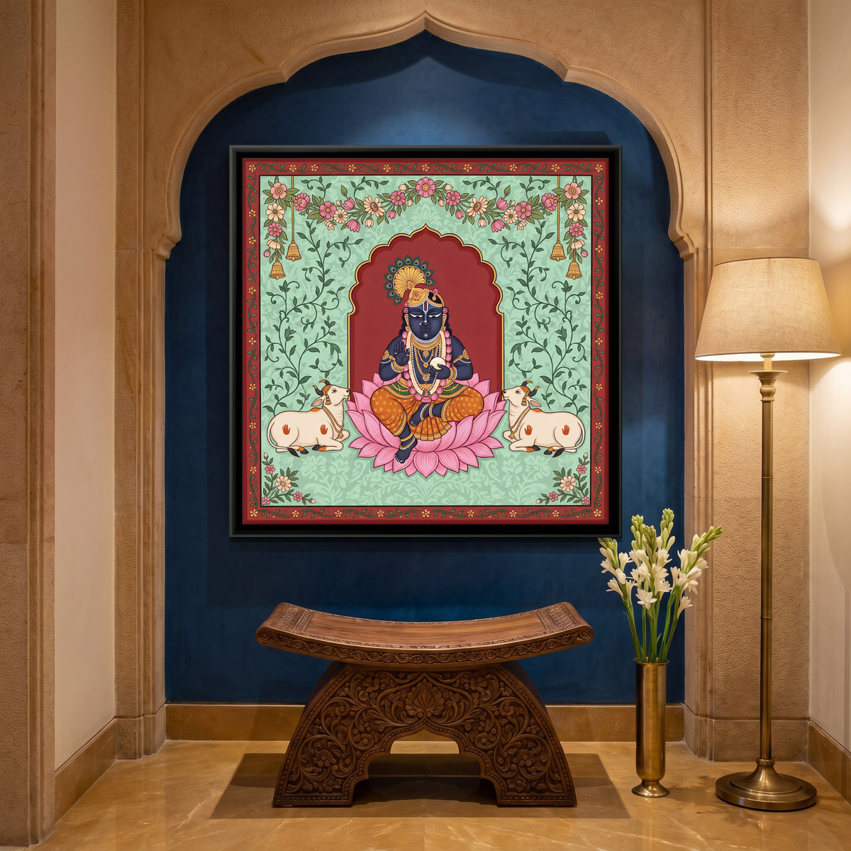 Bal Krishna with Butter - canvas art shown in a styled room