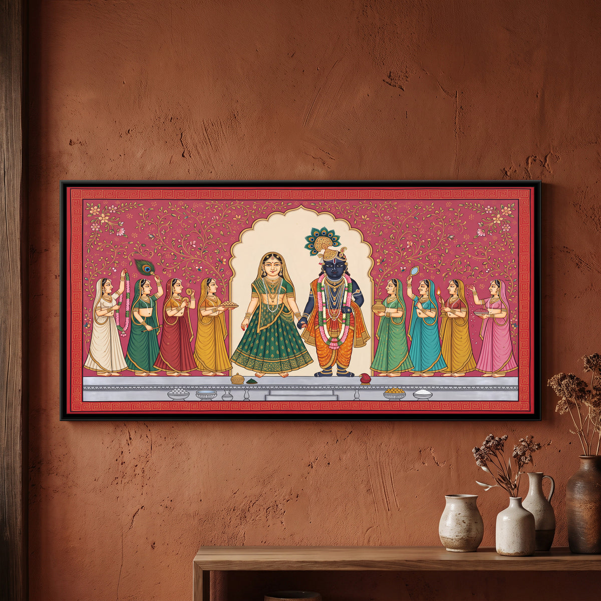 Radha and Krishna with Gopis - framed canvas art hung on a wall