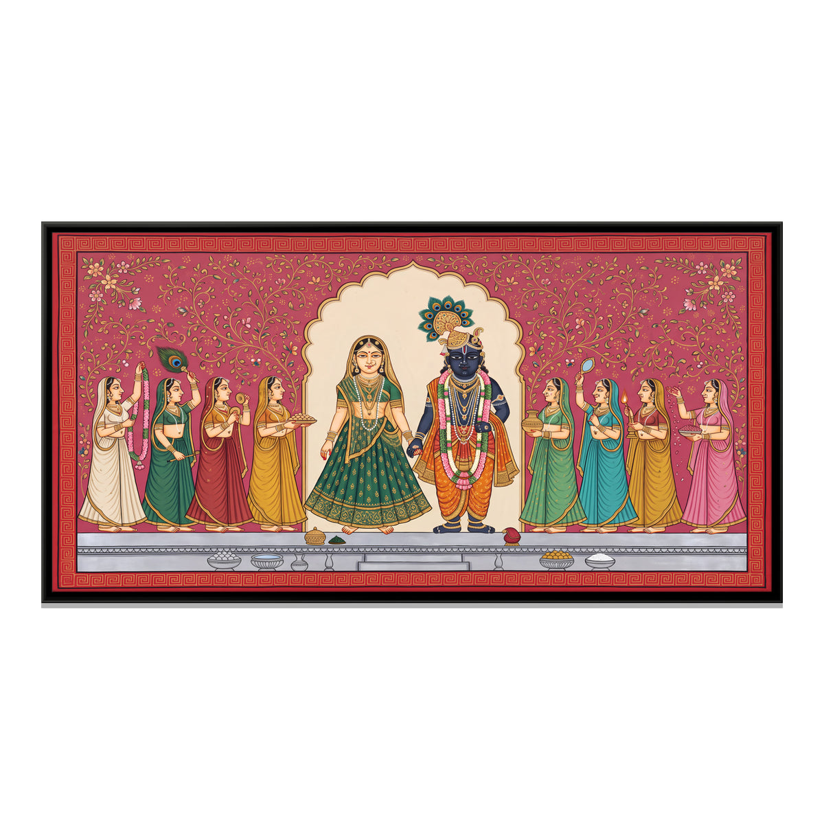 Radha and Krishna with Gopis - framed canvas print, front view