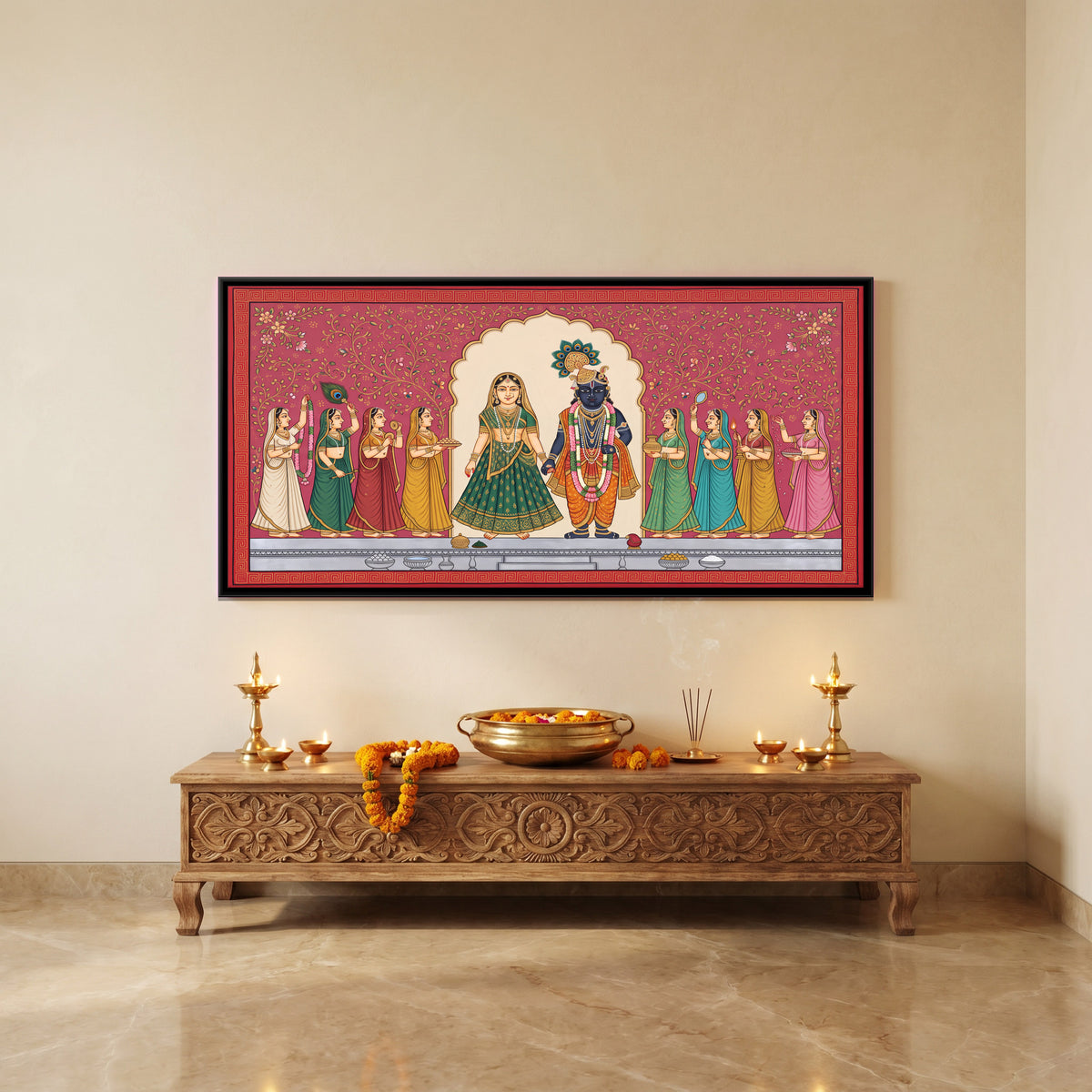 Radha and Krishna with Gopis - canvas art shown in a second room setting