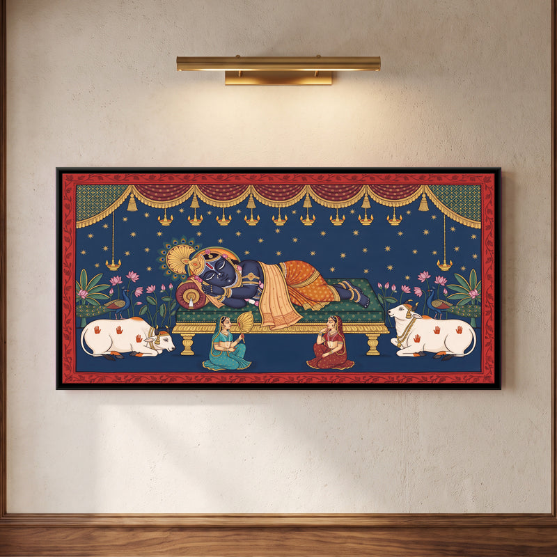 Shrinathji Resting at Night - framed canvas art hung on a wall