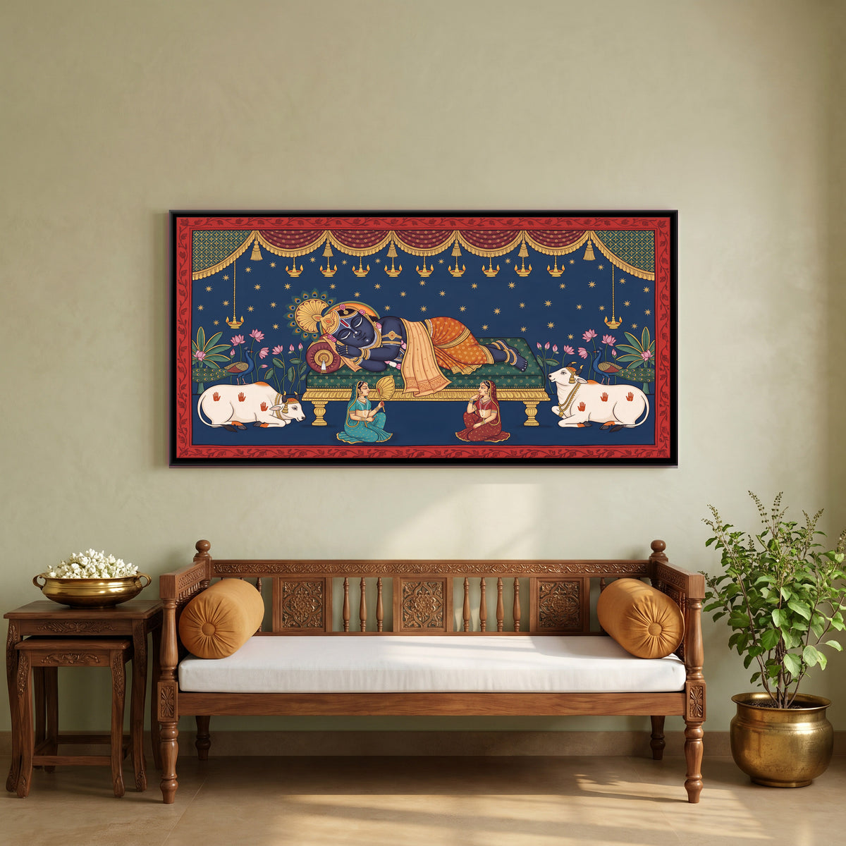 Shrinathji Resting at Night - canvas art shown in a styled room