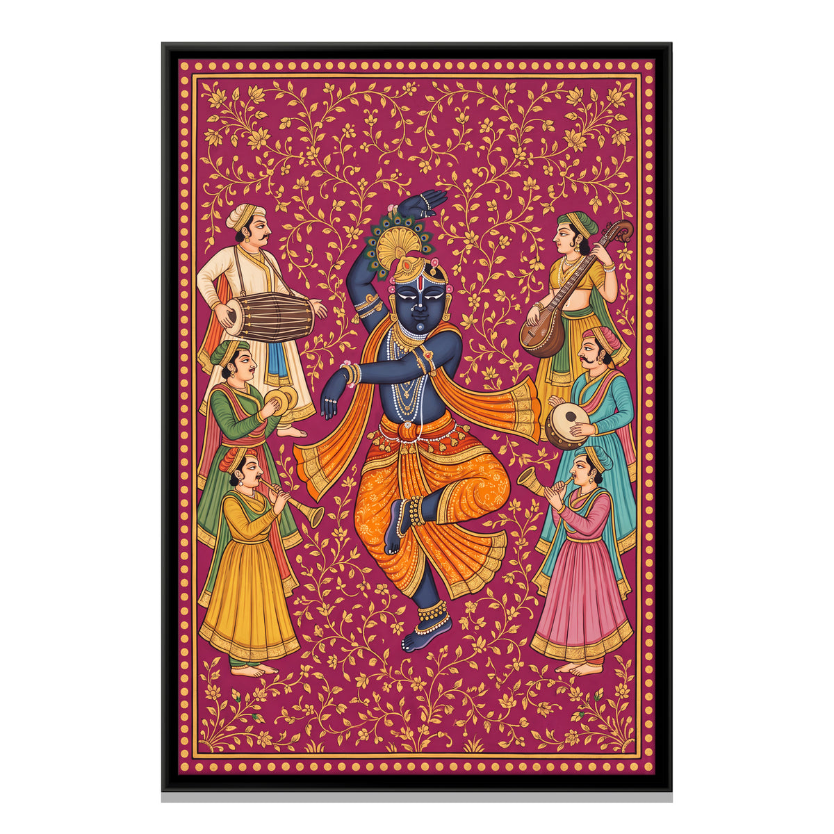Krishna Dancing with Musicians - framed canvas print, front view
